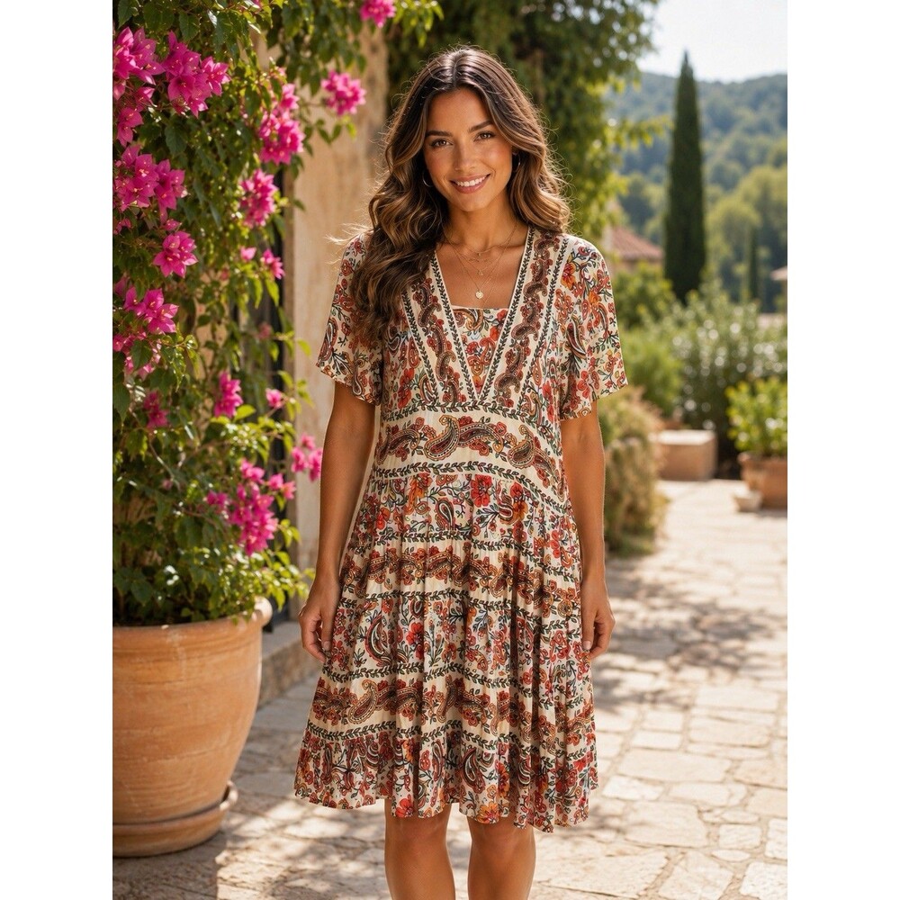 Bila Fit & Flare Floral Paisley Tiered Fluttered Sleeves Dress Small Boho Flowy